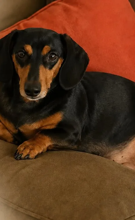 Duke, un perro salchicha negro y fuego, recostado en un sofá