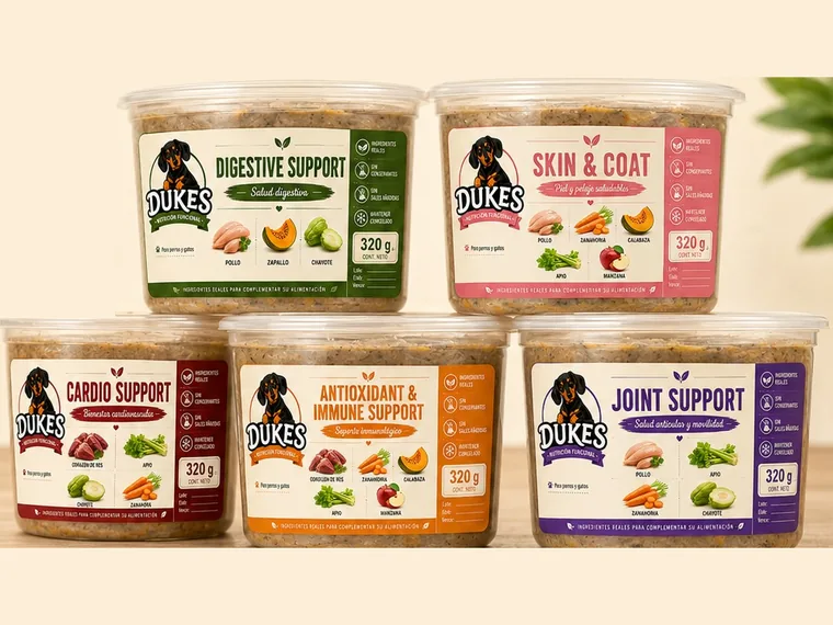 Los cinco envases DUKES de 320 g: Digestive Support, Skin & Coat, Cardio Support, Antioxidant & Immune Support y Joint Support